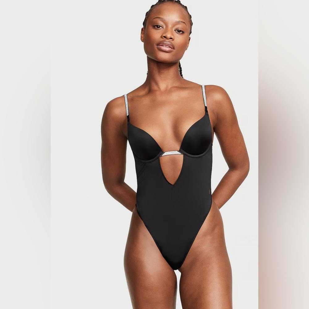 NWT Victoria’s Secret Shine Strap Comvertible  Bodysuit Lingerie Medium Black